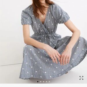 Madewell Embroidered Navy Gingham Faux-wrap Tie-Waist Midi Dress Size Small